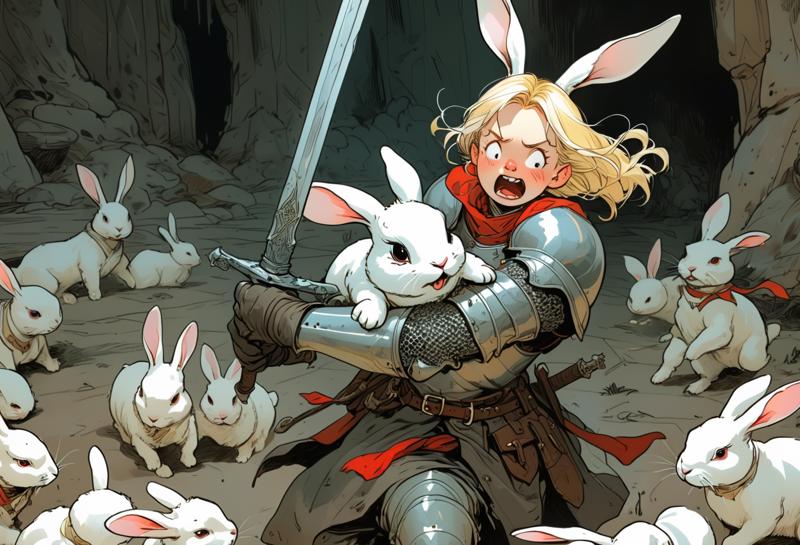 00363-1981748720-Art by Kim Jung Gi. Closeup of a playful and chaotic scene of a blonde knight fighting a white rabbit. _BREAK_The knight, adorne.png